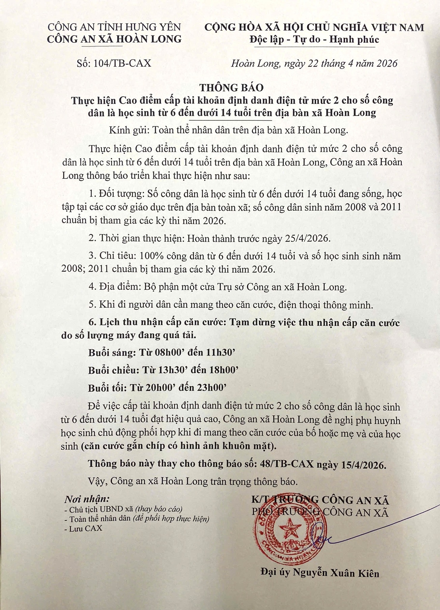 THÔNG BÁO CAO ĐIỂM CẤP TÀI KHOẢN ĐỊNH DANH CHO HỌC SINH TỪ 6 ĐẾN DƯỚI 14 TUỔI, TẠM DỪNG CẤP CĂN CƯỚC