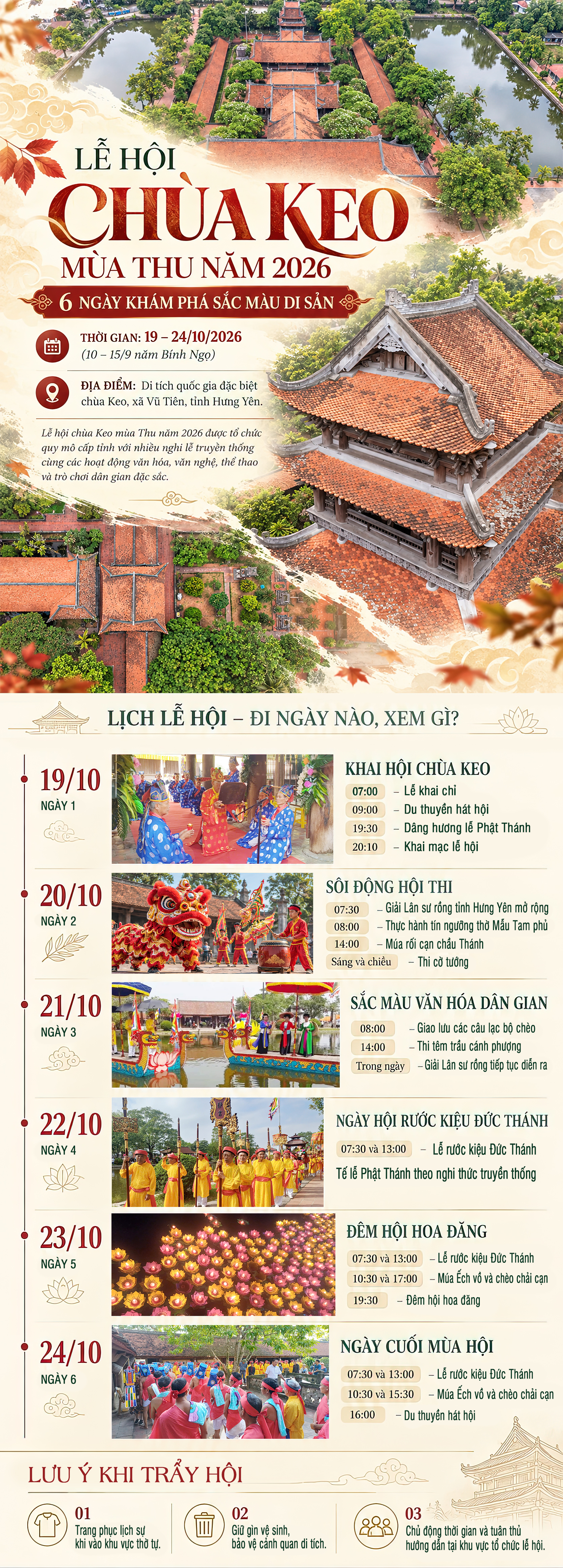 Lễ hội chùa Keo mùa Thu năm 2026: 6 ngày khám phá sắc màu di sản